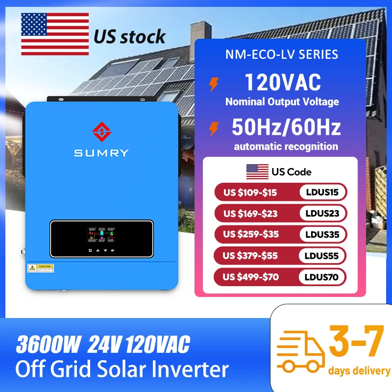Sumry 3600W Hybrid Solar Inverter 24V 110V Pure Sine Wave Inverter with MPPT 120A Solar Charge Controller for Home