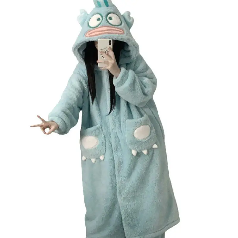 Sanrio Anime Hangyodon Nightgown Kawaii Lounge Clothes Girl Thickened Long Style Bathrobe Leisure Pajamas Keep Warm Gift