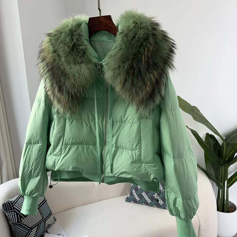 2023 New Thick Warm Duck Down Coat Natural Real Big Raccoon Fur Collar Winter Jacket Women Loose Outerwear Streetwear Luxury