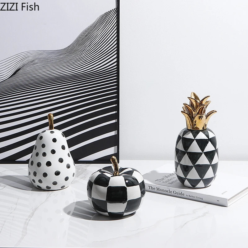 Black and White Texture Pineapple Ceramic Fruits Statue Desk Decoration Porcelain Apple Sculpture Ornaments Room Aesthetic Decor