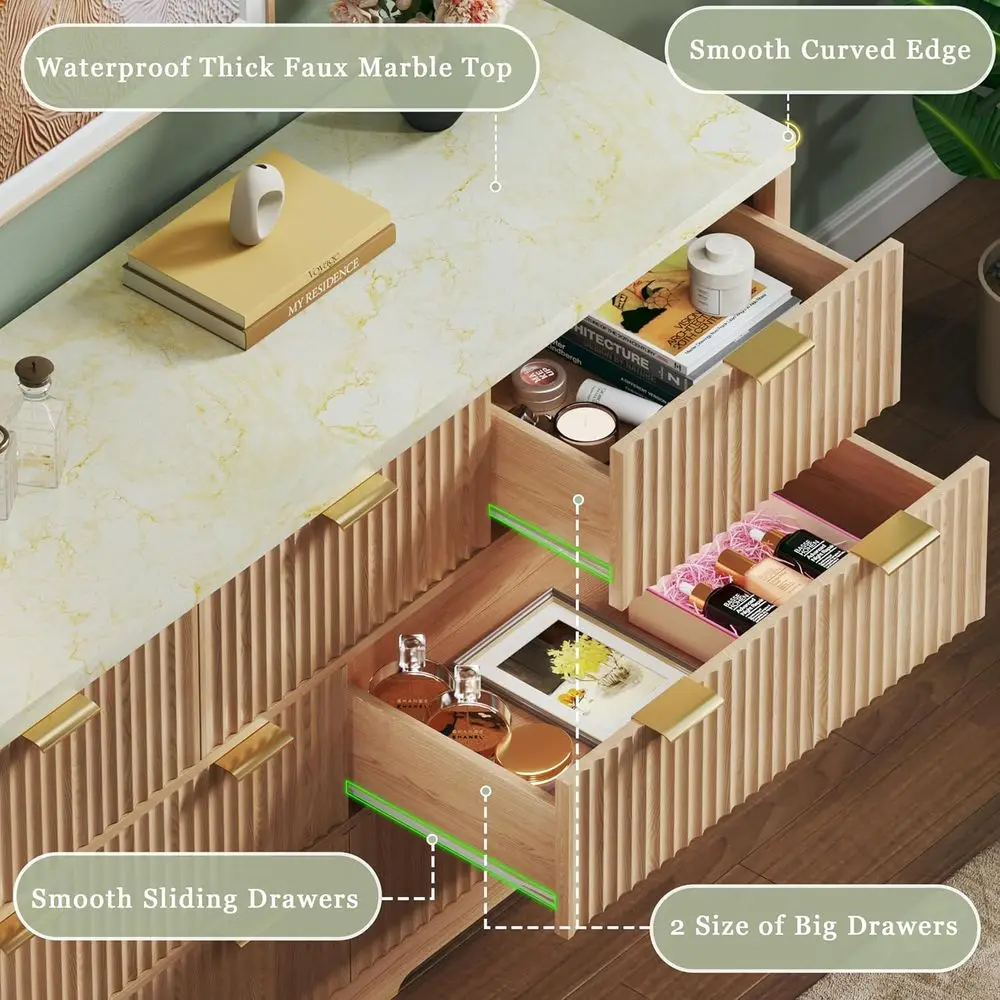 7 Drawer Bedroom Dresser with Antique Marble Top, Metal Handles, Wooden Chest, TV Stand, Natural Oak Storage Organizer