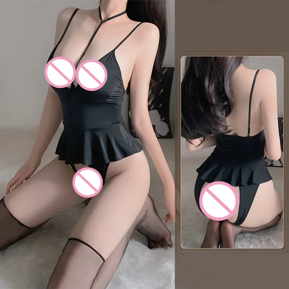 

Women Hollow Out Open Crotch Erotic Lingerie Low Cut Backless Jumpsuit Seductive Uniform Bodysuits Sexy Skirt Side Nightwear