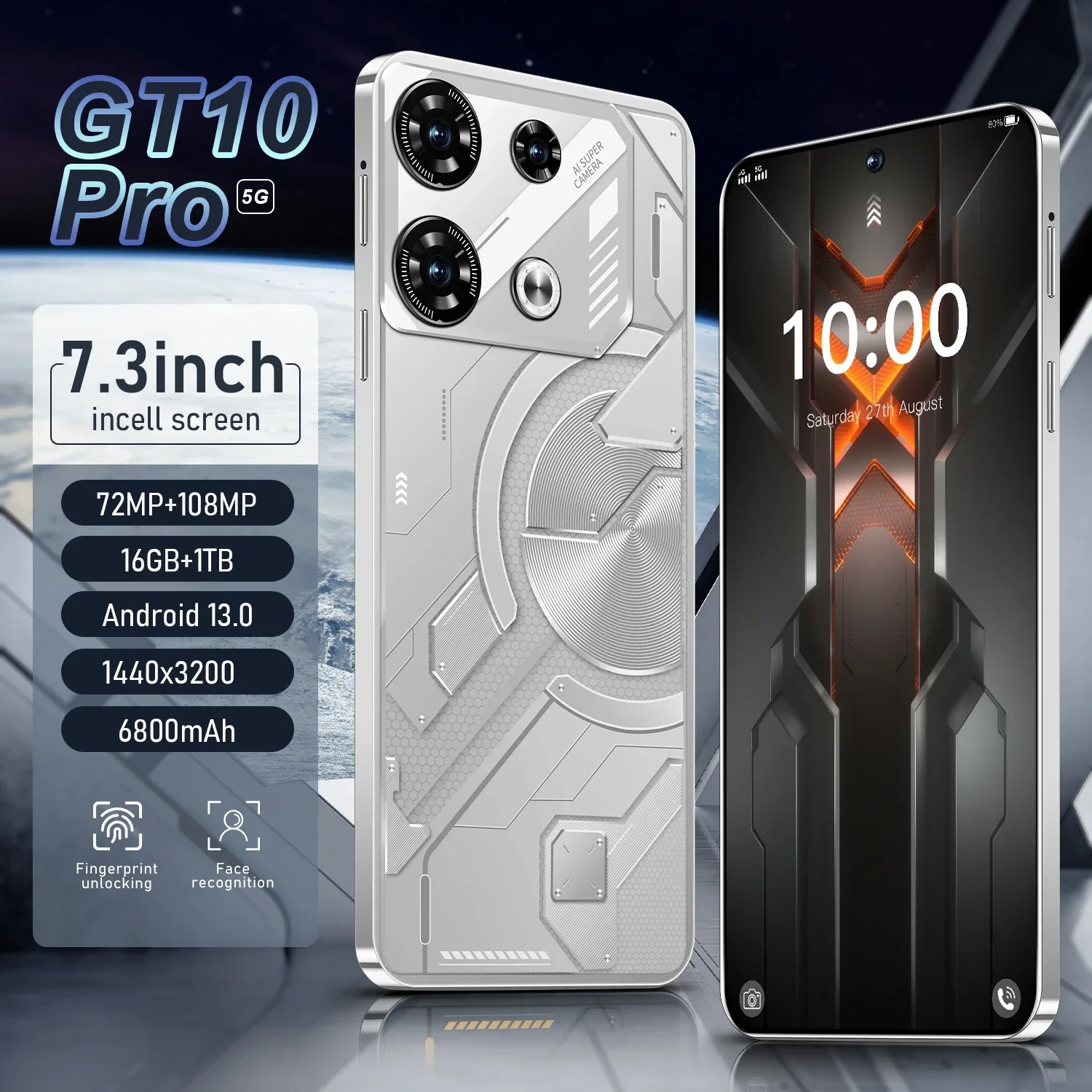 Оригинальный смартфон GT10 Pro, экран 7,3 дюйма, фотосессия 16 ГБ + 1 ТБ, Snapdragon8 gen2, Android 108, 72 + Мп, 4G/смартфон