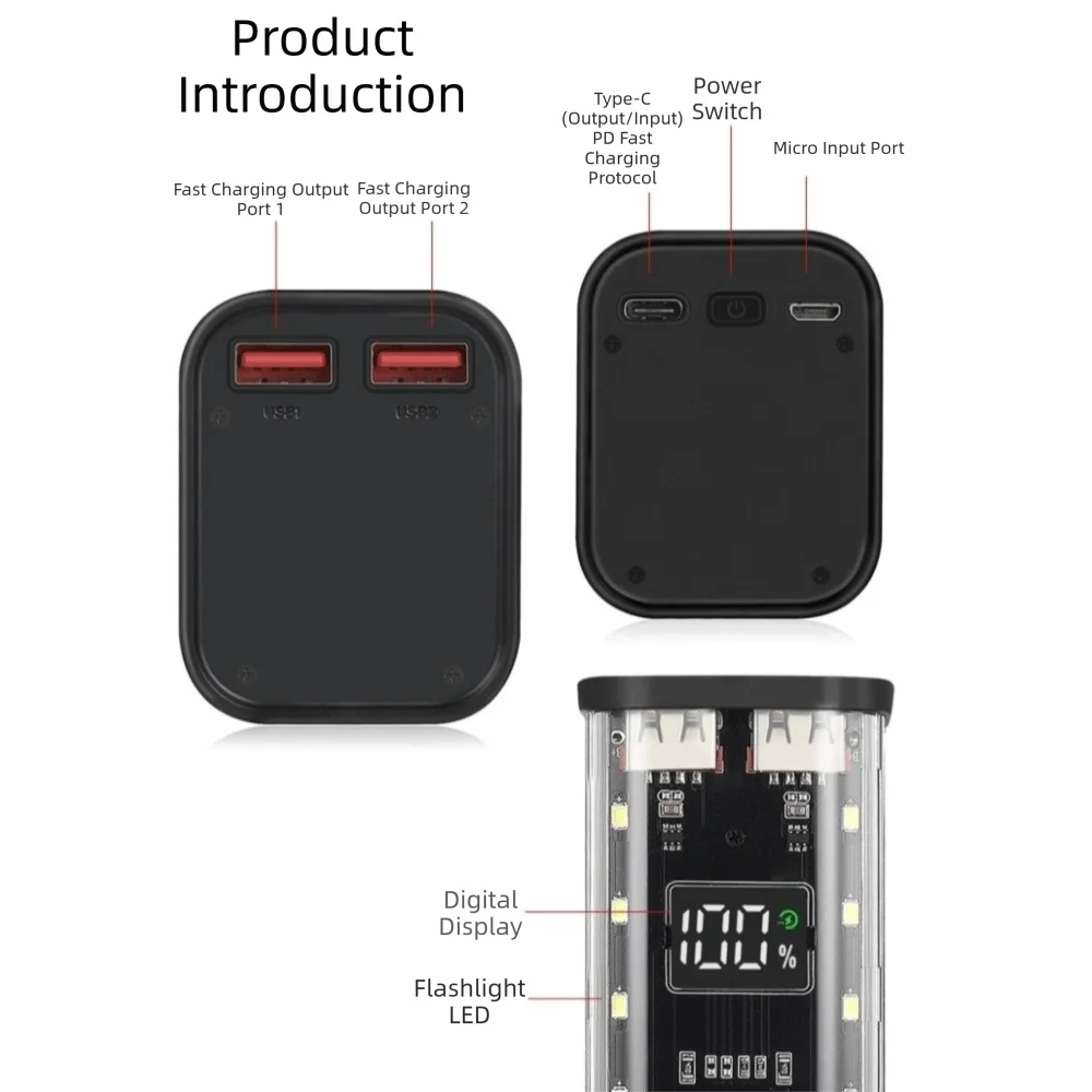 8x18650 Power Bank Case Transparent LED Screen 18650 Battery Box Digital Display Detachable Battery Storage Box Outdoor Use