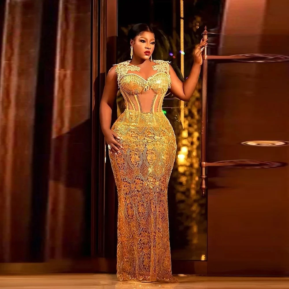 

Gold Long Evening Dresses Beaded Mermaid Plus Size Women Formal Occasion Dress Custom Lace Prom Dresses Appliques Gorgeous