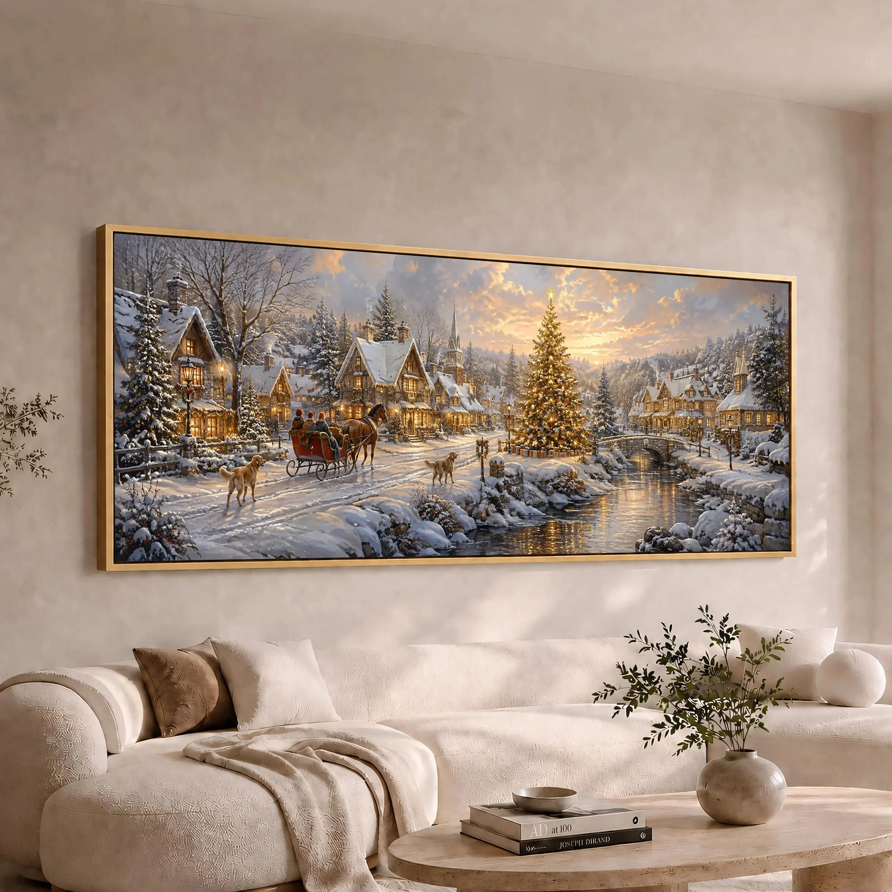 Christmas Village Canvas Wall Art, Winter Snow Town Sleigh Horse Dog Xmas Tree Painting, Living Room Holiday Home Decor Poster