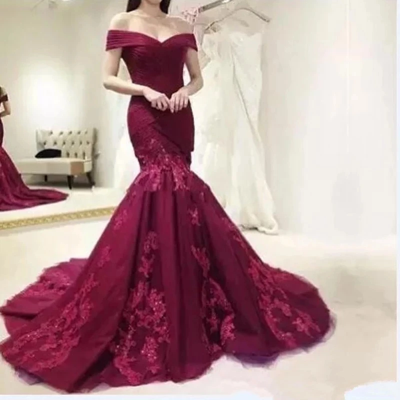 

Angelsbridep Mermaid Evening Dresses Vestidos De Fiesta Sexy Off-Shoulder Appliques Court Train Formal Evening Party Gowns