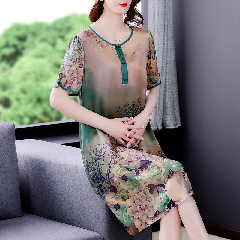 2023 Summer New Women's Short Sleeve Printed Temperament Round Neck Loose Cheongsam Slim Fit Medium Length Silk Dress