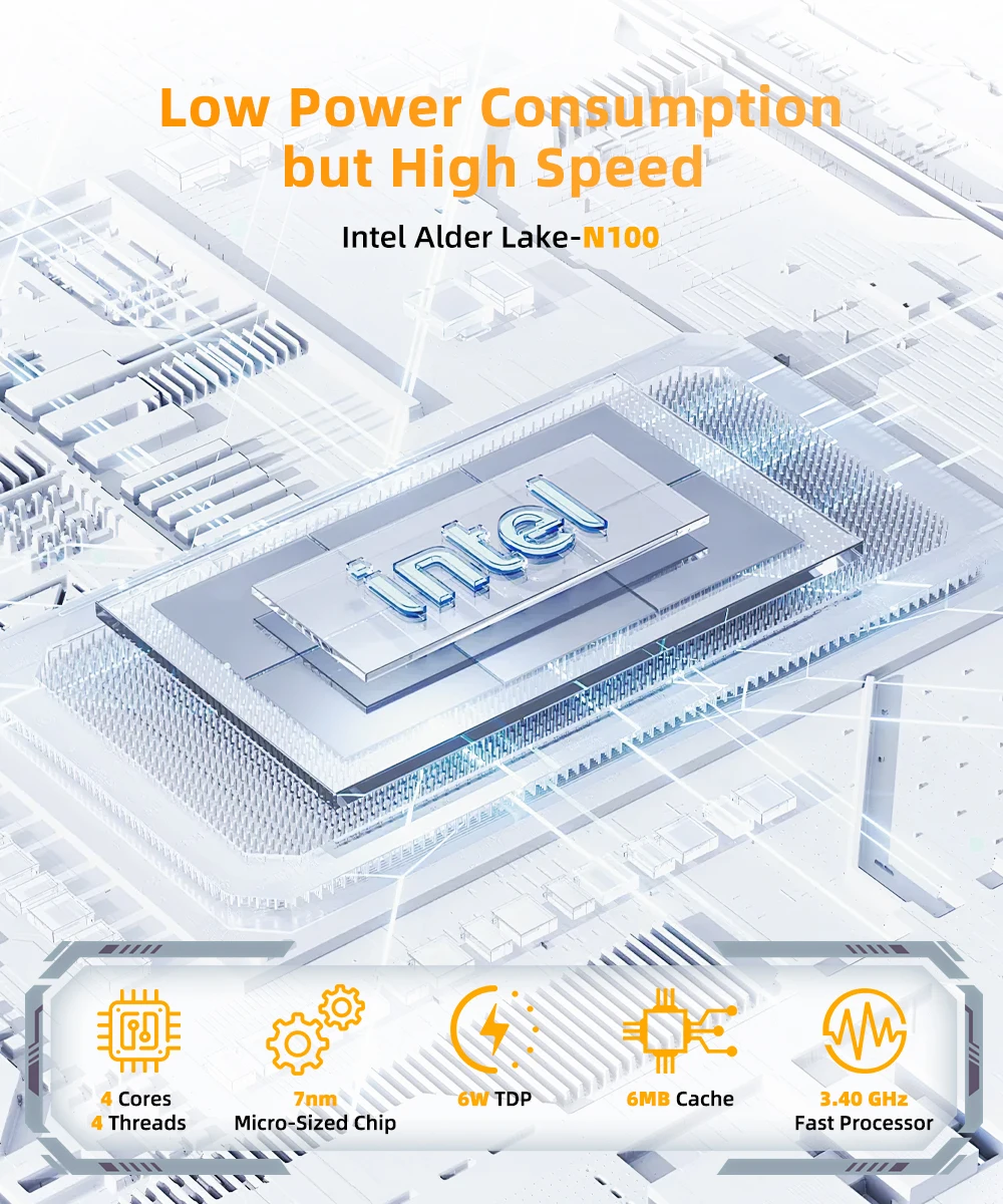 YCTipc Alder Lake N100 Mini PC Windows 11 Pro WiFi5 BT4.2 DDR4 16 GB di RAM 512 GB NVMe SSD RJ45 Desktop Office