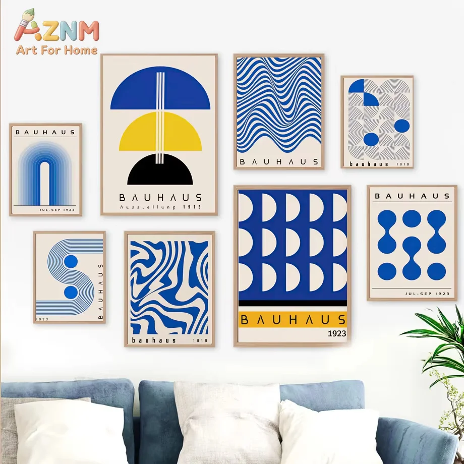 Mid Century Modern Blue Bauhaus Canvas Paintings Abstract Geometry Wall Art Posters And Prints for Living Room Home Decor