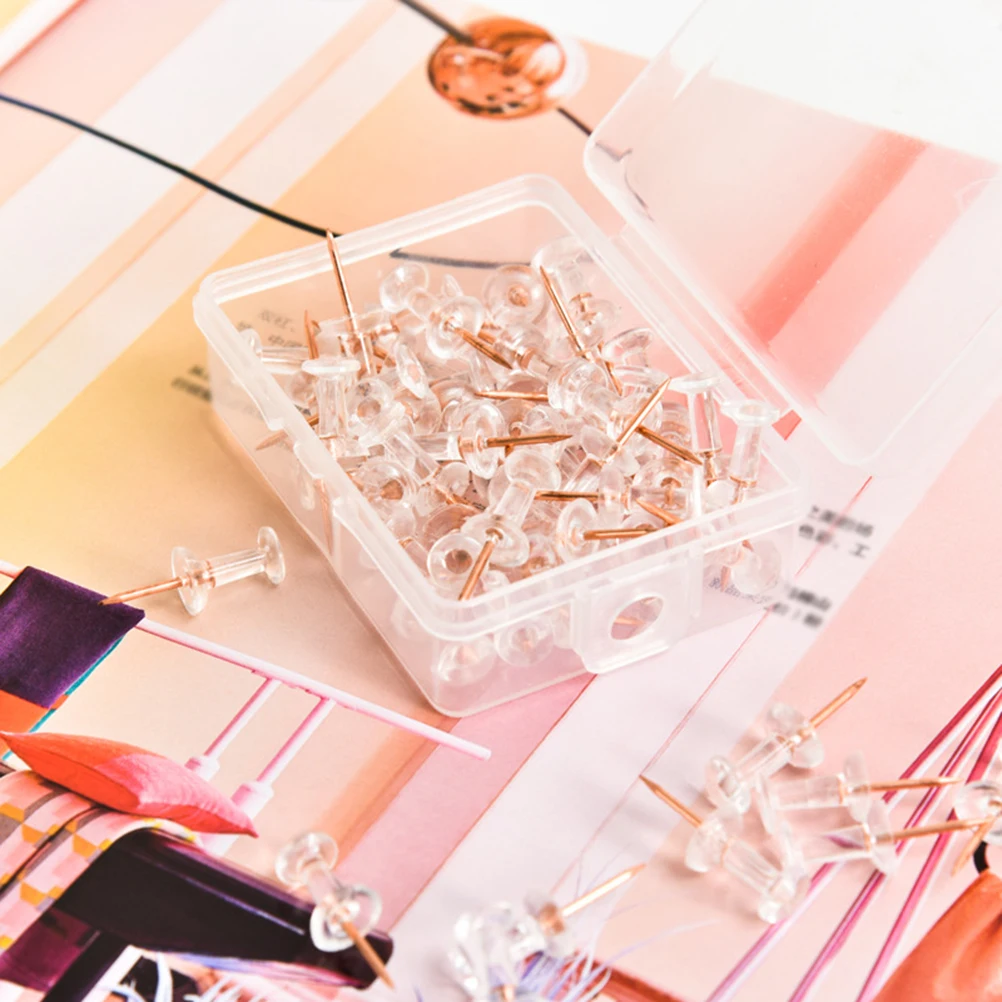 

Box Creative Rose Gold Transparent Pushpins 2.2x0.8cm for School Home Office Map Photos Travel Decor Map Pushpins