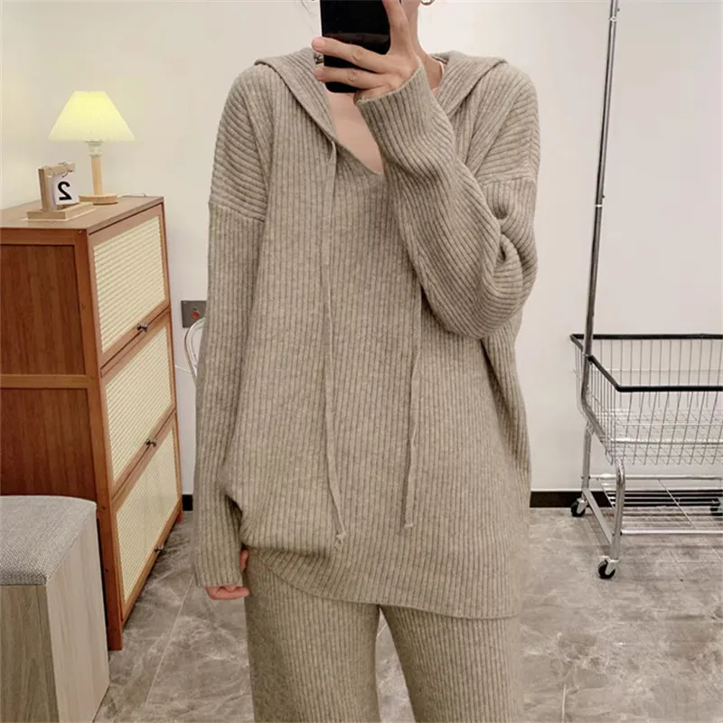 Women Pant Sets Knitted Casual Loose Sweater Two Pieces Set Hooded Drawstring Y2k Tops Slit Wide Leg Elastic Waist Pants Suits