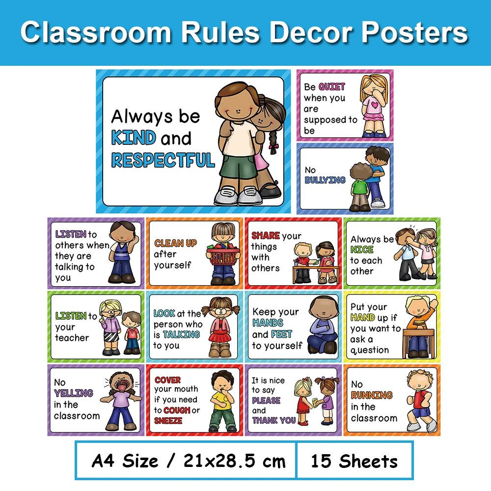 15Pcs Classroom Rules Educational Posters for Preschool Home Classroom Wall Decor Teacher Teaching Aids Montessori