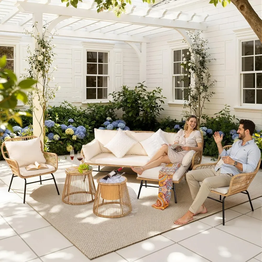 6 Pcs Boho Outdoor Patio Furniture Set, High Back L-Shaped Sectional with Ice Bucket Table, 500lbs Sturdy Comfy  Lounge Sofa