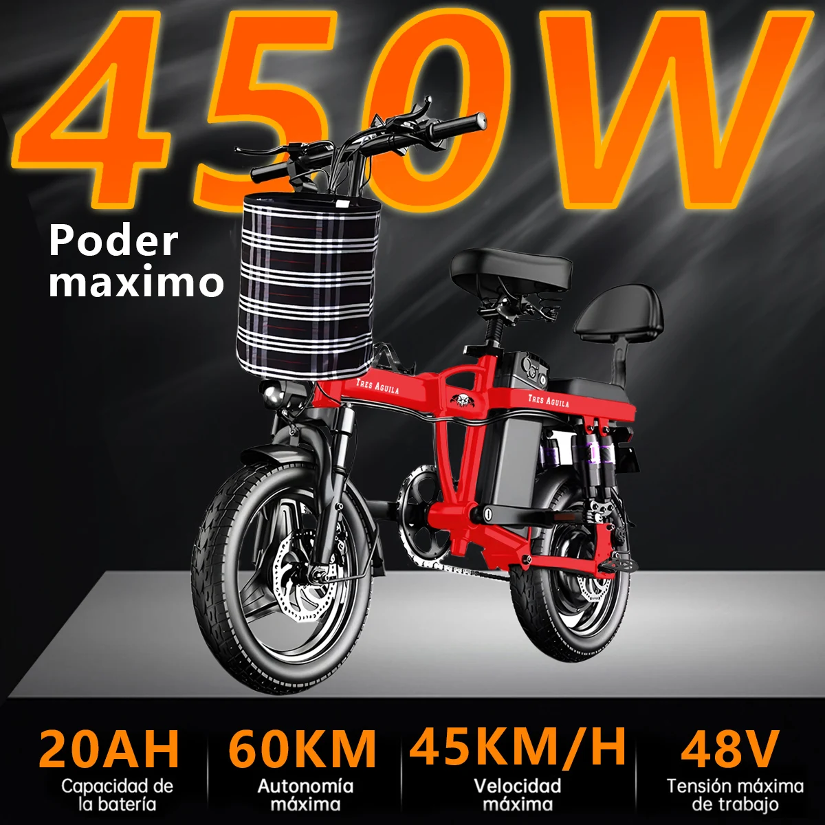 TRES AGUILA  bicicleta eléctrica adultos bicicletas de montaña 45km/hora autonomias 70km14 Pulgadas con cesta y cascos