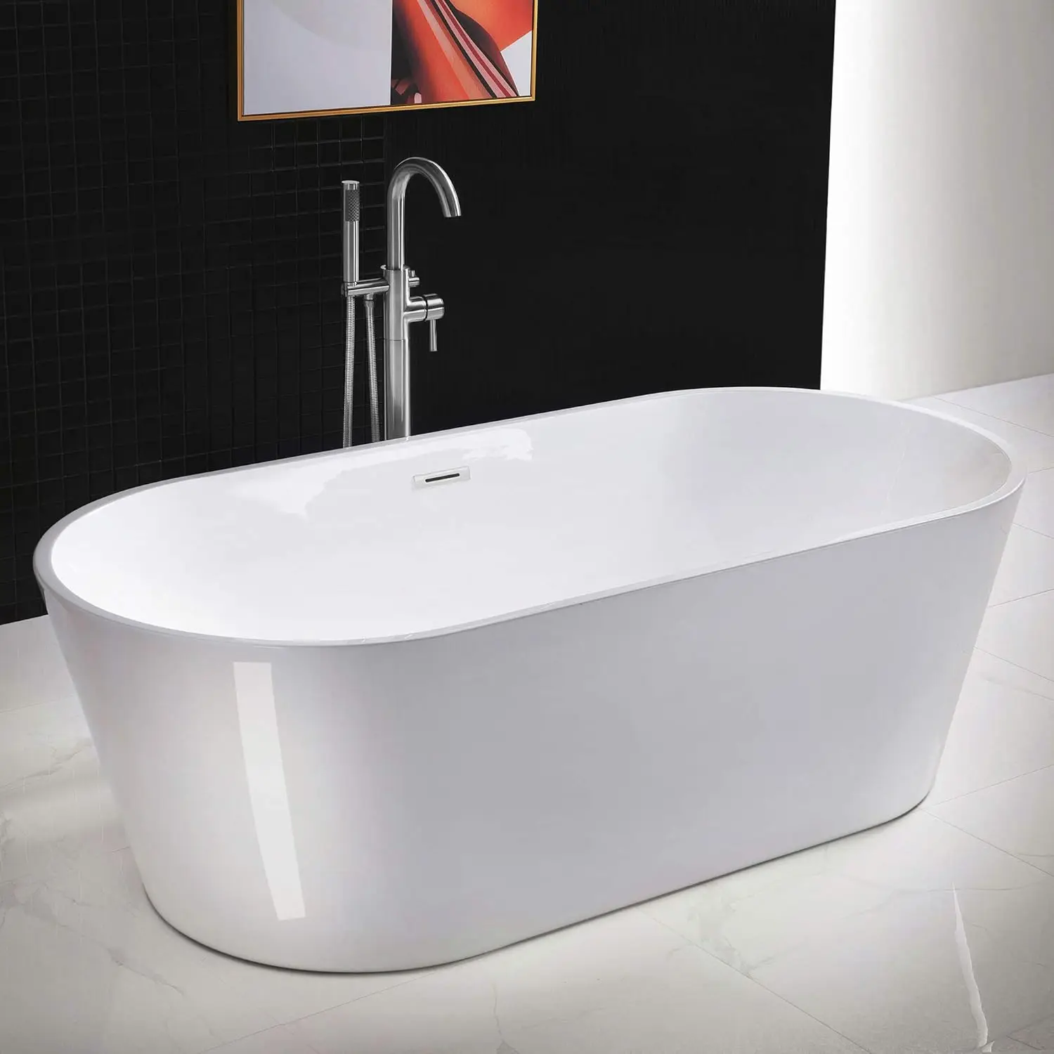 71 inch Acrylic Freestanding Bathtub Contemporary Soaking White Tub with Chrome Overflow and Drain easy maintenance