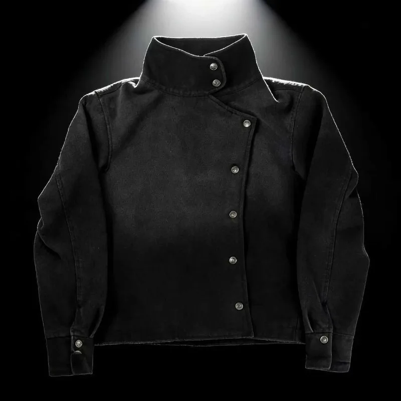 Y2k Harajuku Uniform Jacket Black Distressed Wash Buttons Fencing Denim Jacket Gothic Casual Streetwear Unisex Oversize Clothing