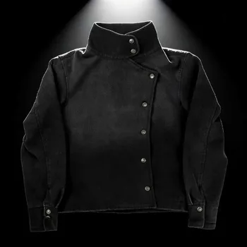 Y2k Harajuku Uniform Jacket Black Distressed Wash Buttons Fencing Denim Jacket Gothic Casual Streetwear Unisex Oversize Clothing