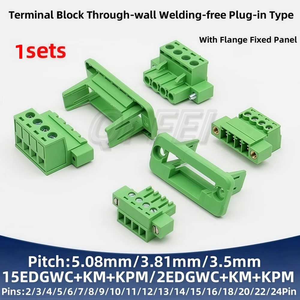 1sets 2EDGWC 3.81mm 5.08mm 3.5mm Pitch 15EDG Terminal Block Through-wall Welding-free Plug-in Type 2~24P with Flange Fixed Panel