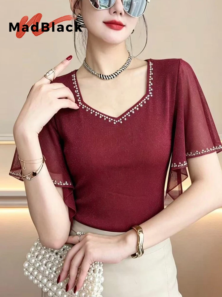 MadBlack-Women European T-Shirt, Sexy V Neck Ruffles Diamond, Clubwear Short Sleeve Slim M-3XL Thin Tee, 2026 Summer T66401CC