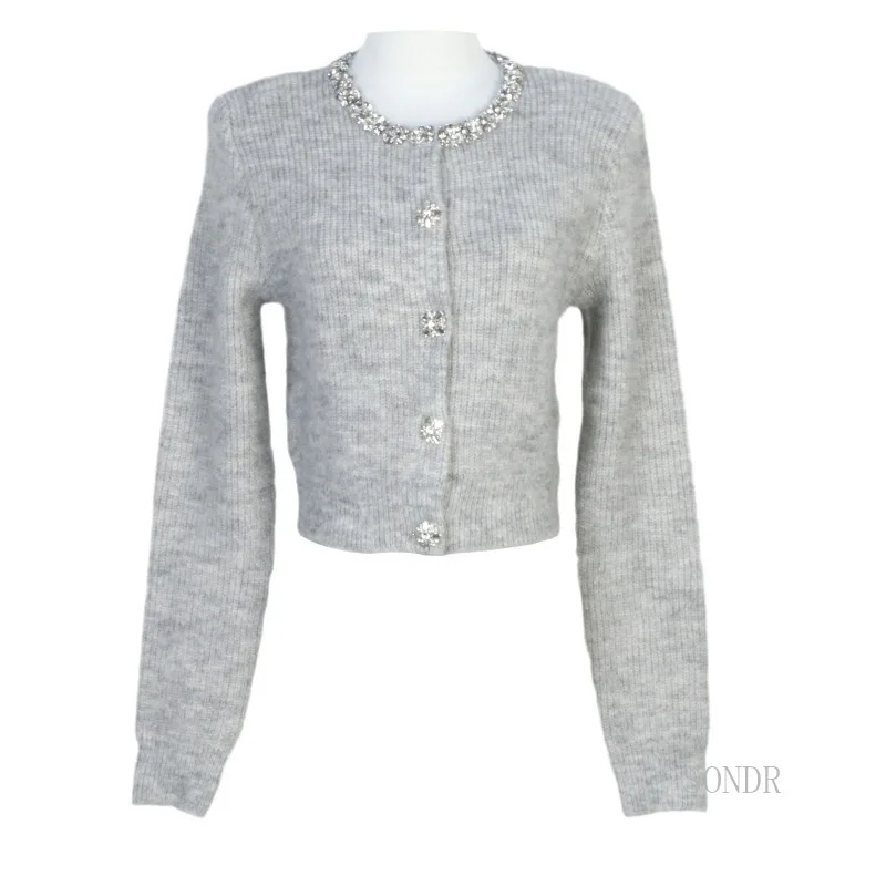 White Cardigan Crop Top with Diamond Jewelry Neckline 2024 Autumn Winter Knitted Cardigan Gray Sweater Tops Sueters De Mujer