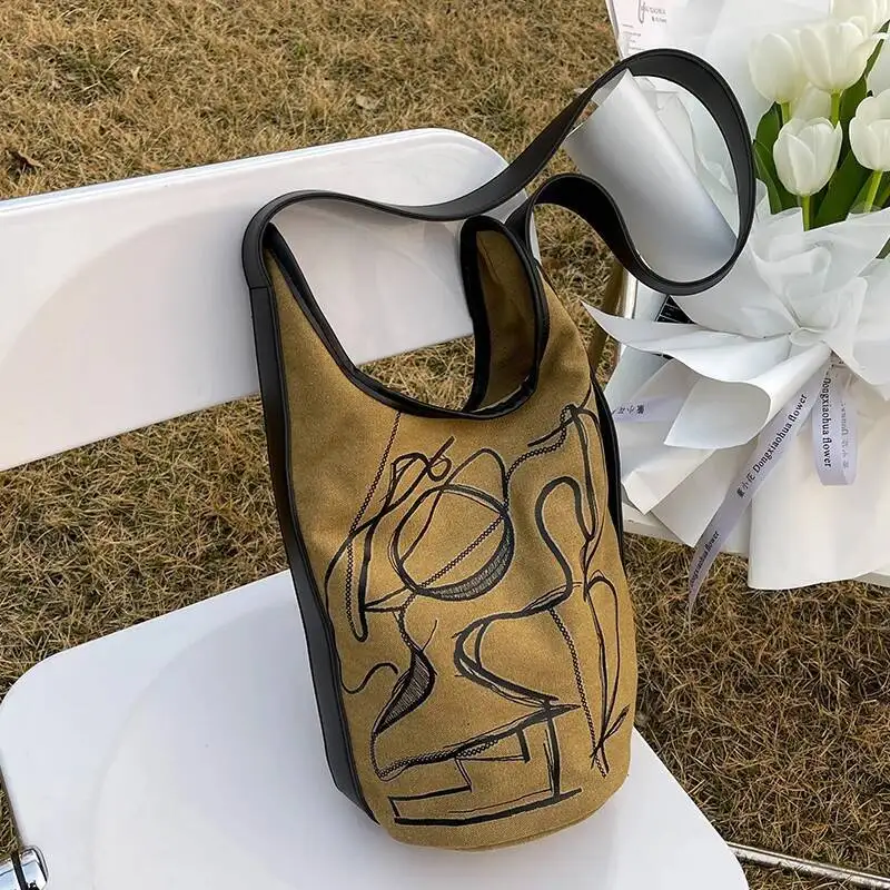 Bloom Casual Bucket Messenger Bag Women Haruku Hot Girls Canvas Crossbody Purse Ladies Retro Shoulder Bags Aesthetic