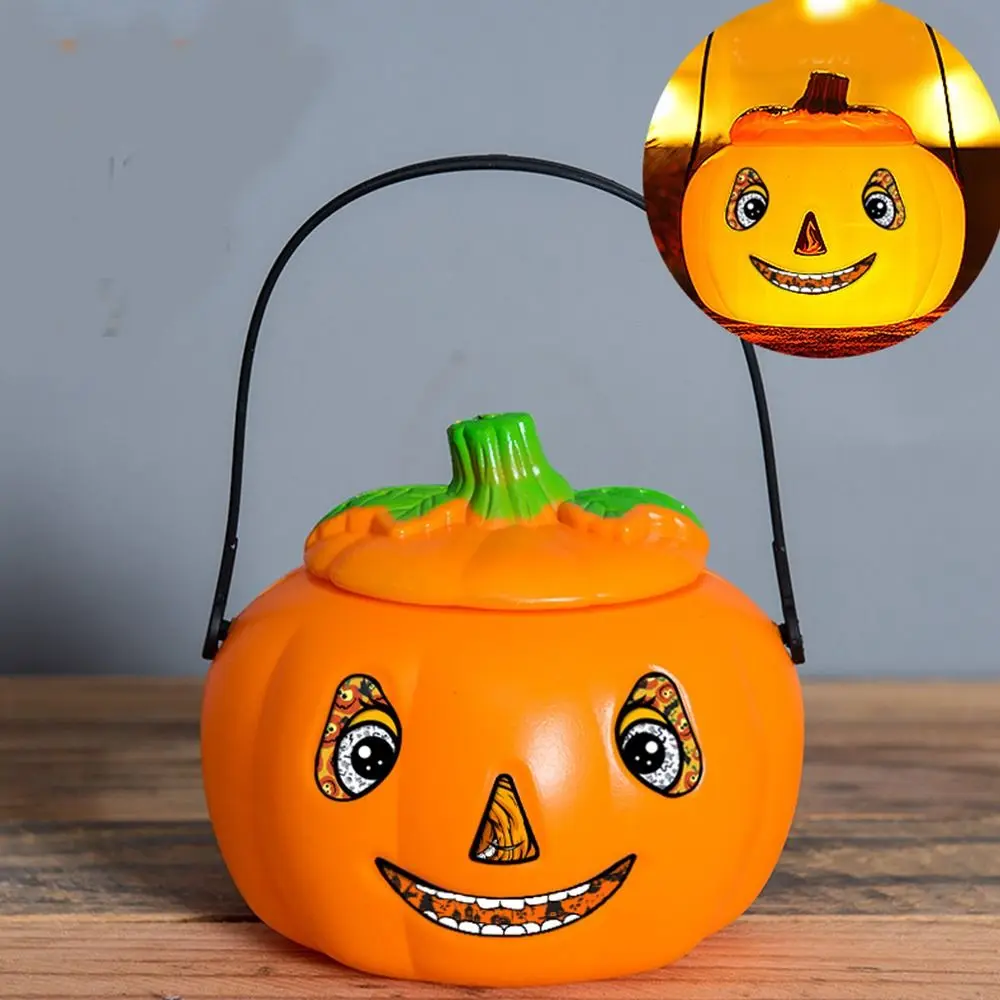 with Cover Halloween Pumpkin Lantern Handheld Trick or Treat Pumpkin Bucket Portable Plastic Halloween Candy Can