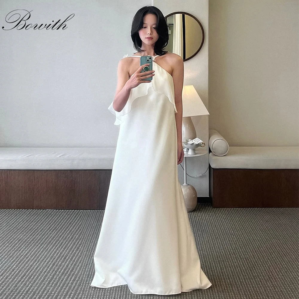 

Bowith Simple Korean Evening Dresses Customized Halter A-Line Backless Party Dresses Floor-Length Elegant Girls Snap Dresses