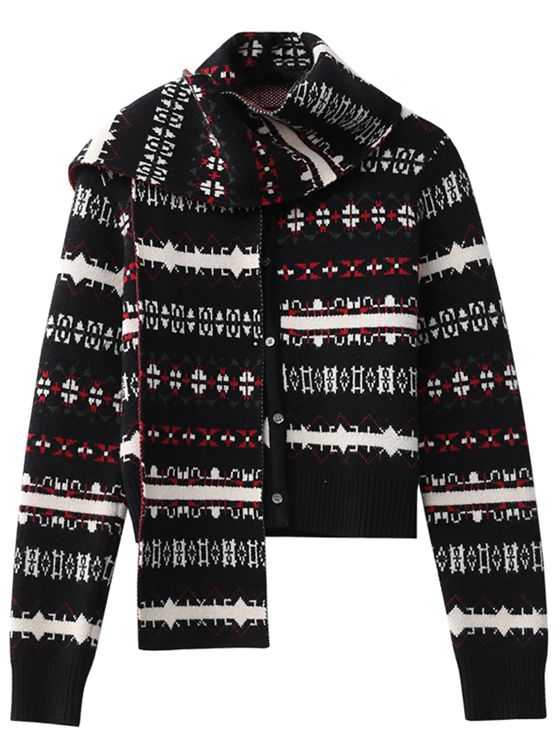 CHIC VEN Women Sweaters Loose Casual Jacquard Striped Knitted Cardigan Women\'s Jumpers With Scarf Autumn Winter 2024