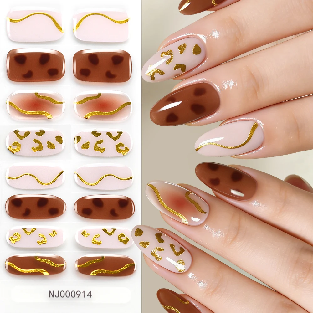 16Tips No-Bake Gel Nail Strips Leopard Print & Gold Wave Design Self-Adhesive Nail Wraps for Trendy Work& Daily Manicure Decals