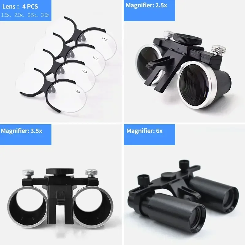 Lupa Binocular con luz LED para odontología, lámpara de diadema de 5W, herramientas de dentista, 6X, 2.5X, 3.5X