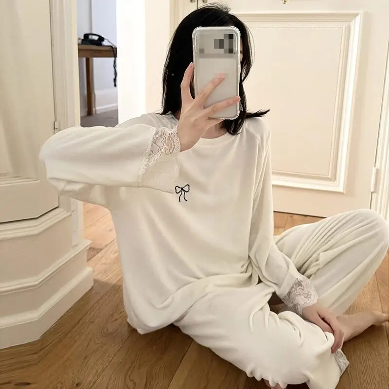 

Women's Warm Long Sleeve Lace Pajama Set Chest Mat Round Neck Cartoon Home Clothes Anime Can Wear Outward Fashion Two Piece Set