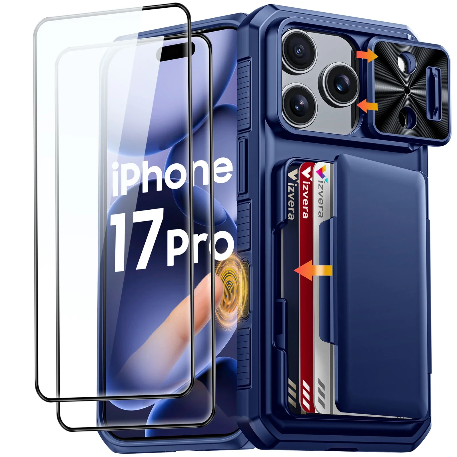 

For iPhone 17 Pro With Card Holder Sliding Camera Cover And Stand Phone Case, Anti-Fall PC+TPU Wallet Case-Blue