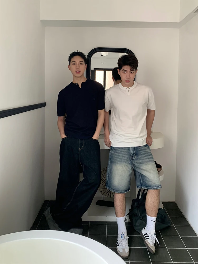 

American Retro Knitted ort Sve T-irt Men's Summer Loose Casual Thin High-End Versatile Top Youth Leisure Sle