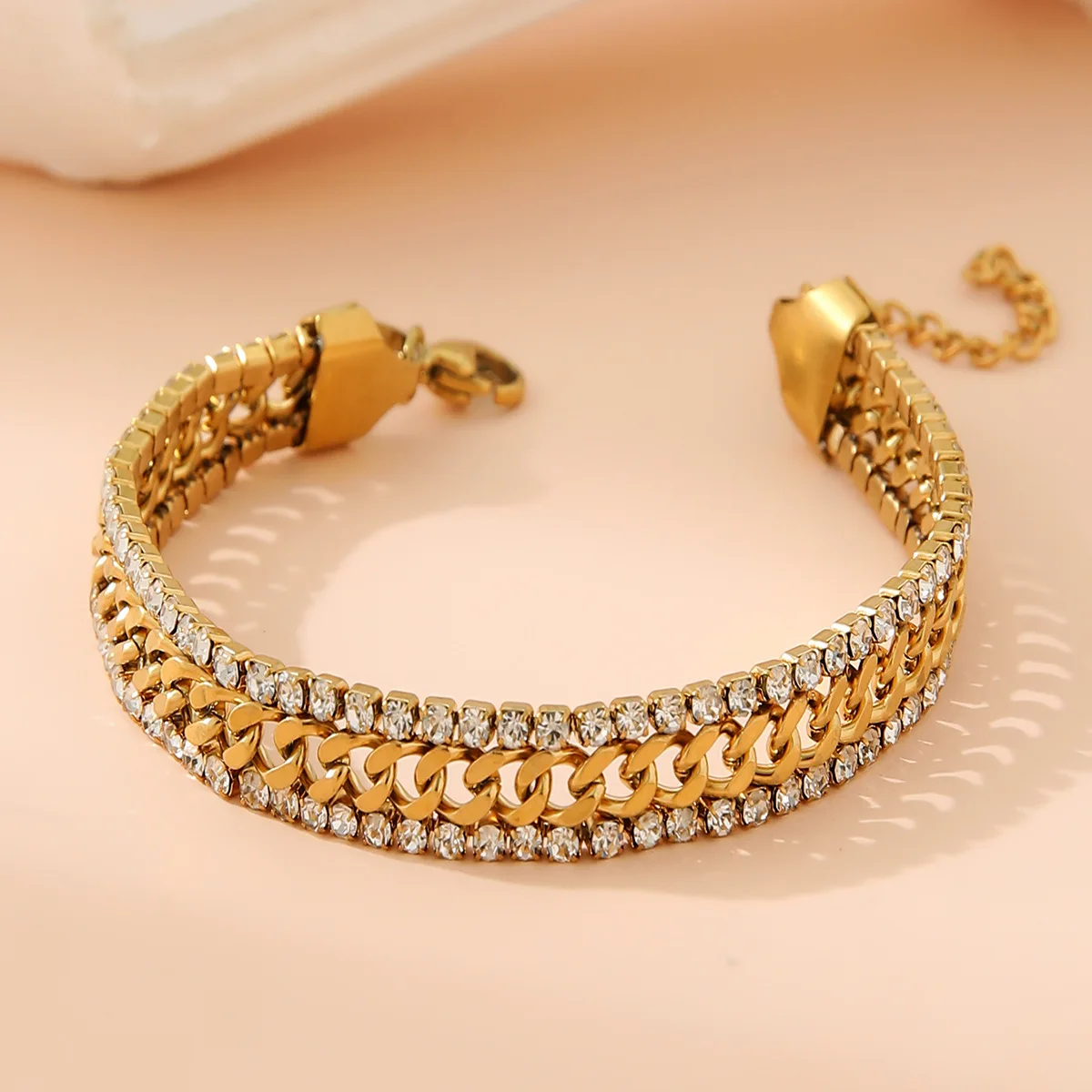 ZAKOL New Cubic Zirconia Tennis Bracelet 18K Gold Plated Stainless Steel Three Layer Wide Bracelet Luxury Jewelry Gift for Women