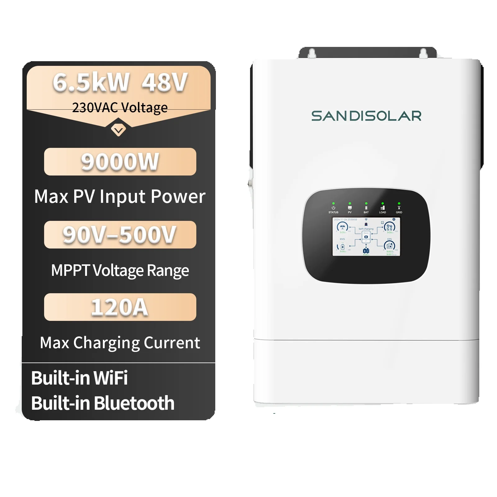 Sandisolar 6,5 kW 48 V Hybrid-Solar-Wechselrichter, reine Sinuswelle, 230 V, 9000 W, max. PV-Eingang, 90 500 V, 120 A MPPT, integriertes WLAN, LCD-LED, Dual-Display, APP-Fernbedienung, Unterstützung 9