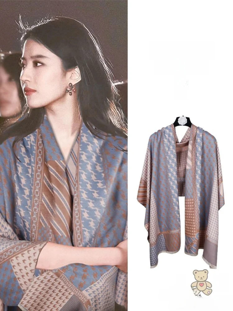 thickened-office-air-conditioned-room-women's-autumn-winter-outerwear-neck-protection-warm-scarf-shoulder-shawl-geometric-pat