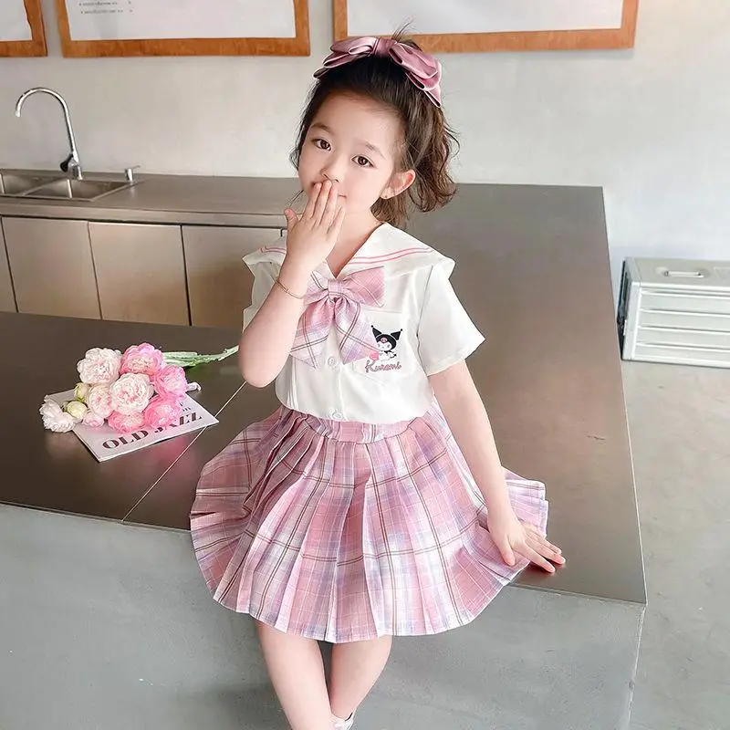 

Kawaii Sanrio Creativity Kuromi Kids Thin Jk Suit Cartoon Summer Preppy Style Short-Sleeved Pleated Skirt 2Pcs Anime Girl Gift