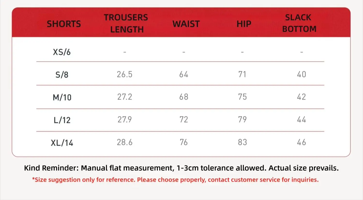 Size chart and fit details