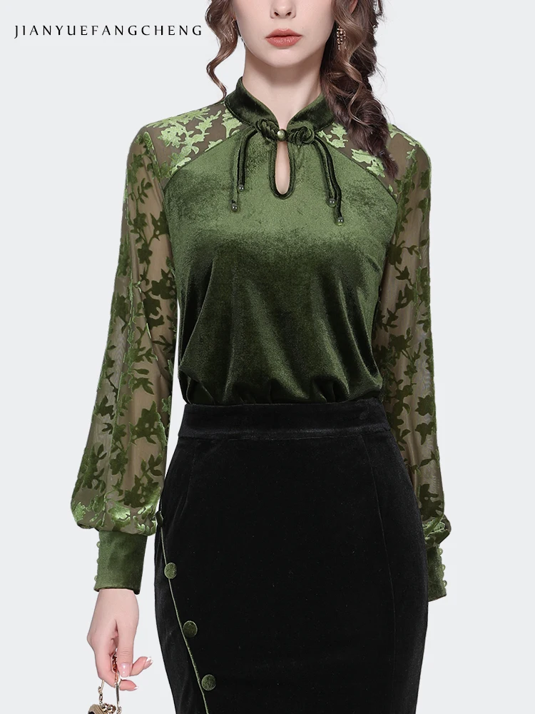 Retro Chinese Style 2024 Spring Ladies Green Velvet Top Lantern Sleeve Patchwork Design Hollow Out Floral Blouse Casual Shirts