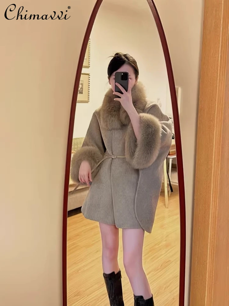

Korean Style Elegant Temperament Fur Collar Long Sleeve Single-Breasted Belt Versatile Wool Cape Coats for Women Winter Jackets