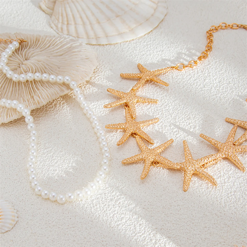 Übertriebene Seestern-Kettenkette für Damen, Bohemian-Stil, Imitationsperlen, Doppellagiger Choker, Trendiger Schmuck für Strandpartys und Urlaub – Detail 7