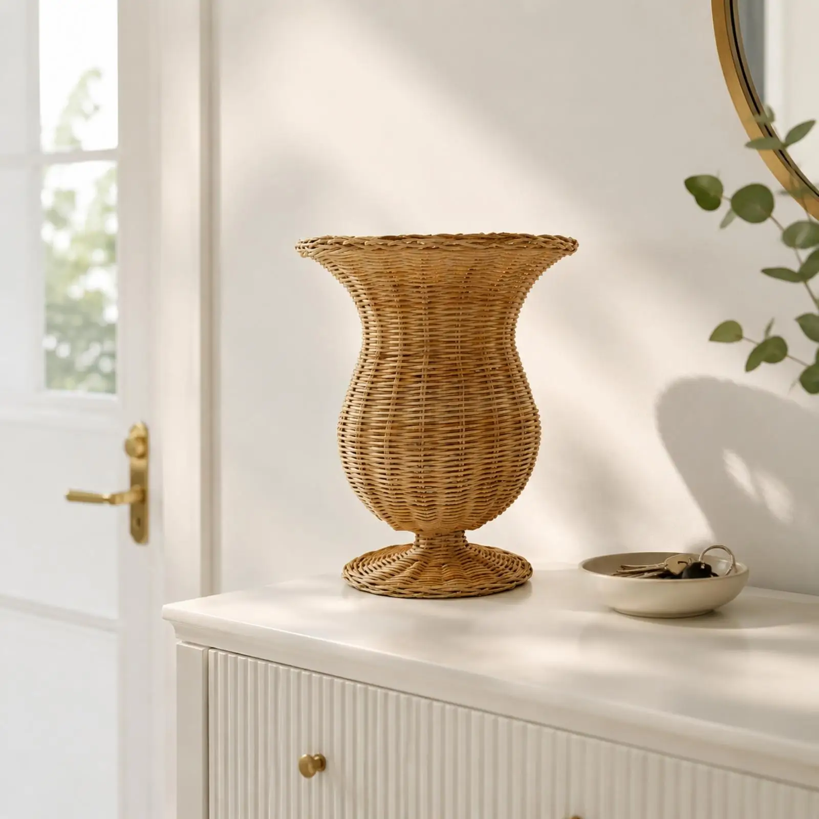 Handwoven Rattan Vase for Boho Home Decor with Flared Trumpet Opening Sculptural Wicker Design
