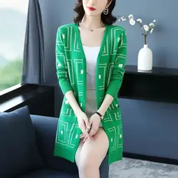 Knitting Cardigan Top Tee Ladies Spring Autumn New Loose All-match Coat Mid Length Top V-neck Trend Geometric Slim Sweater