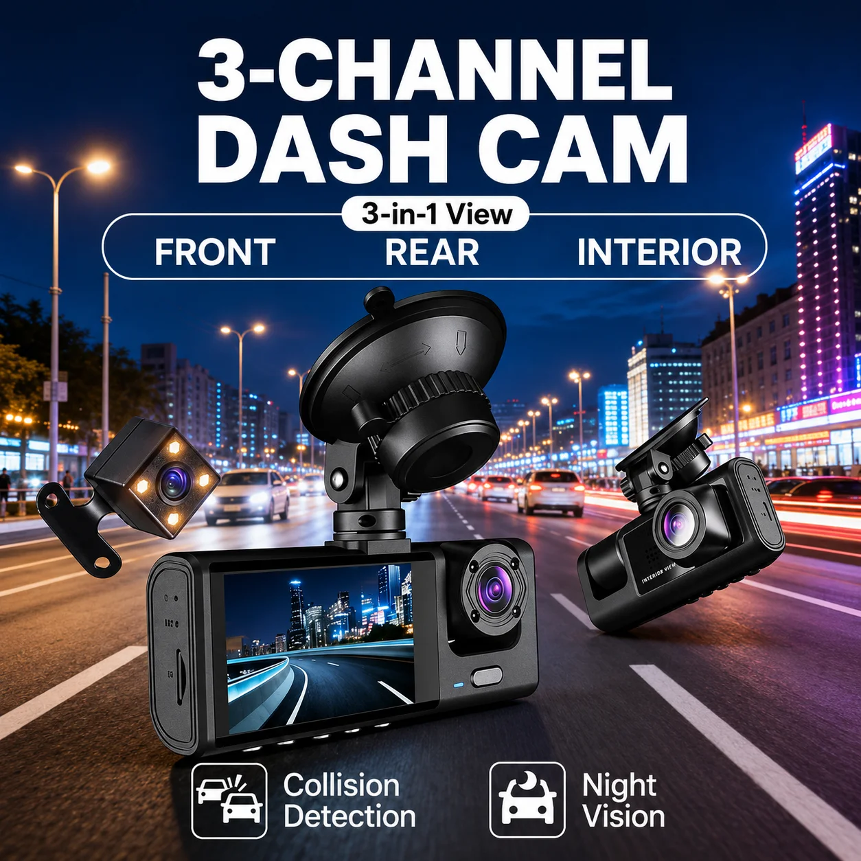 Enregistreur vidéo de conduite automobile à trois caméras |   Caméra de tableau de bord pour véhicule Full HD grand angle avec surveillance routière complète