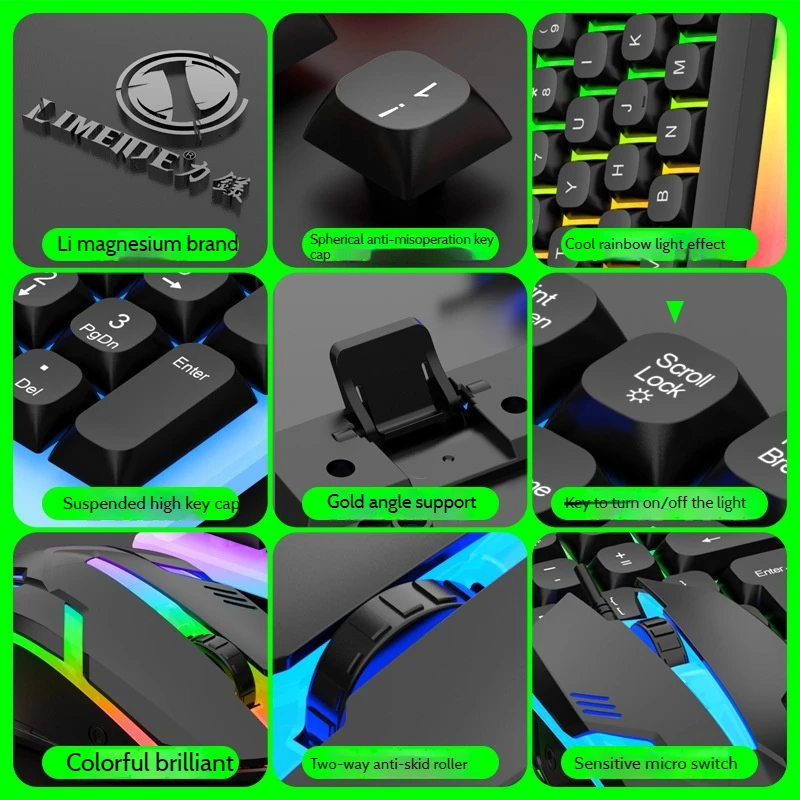 Gtx350 Luminous Wired teclado e mouse Set, toque mecânico Gaming Computer, russo, árabe