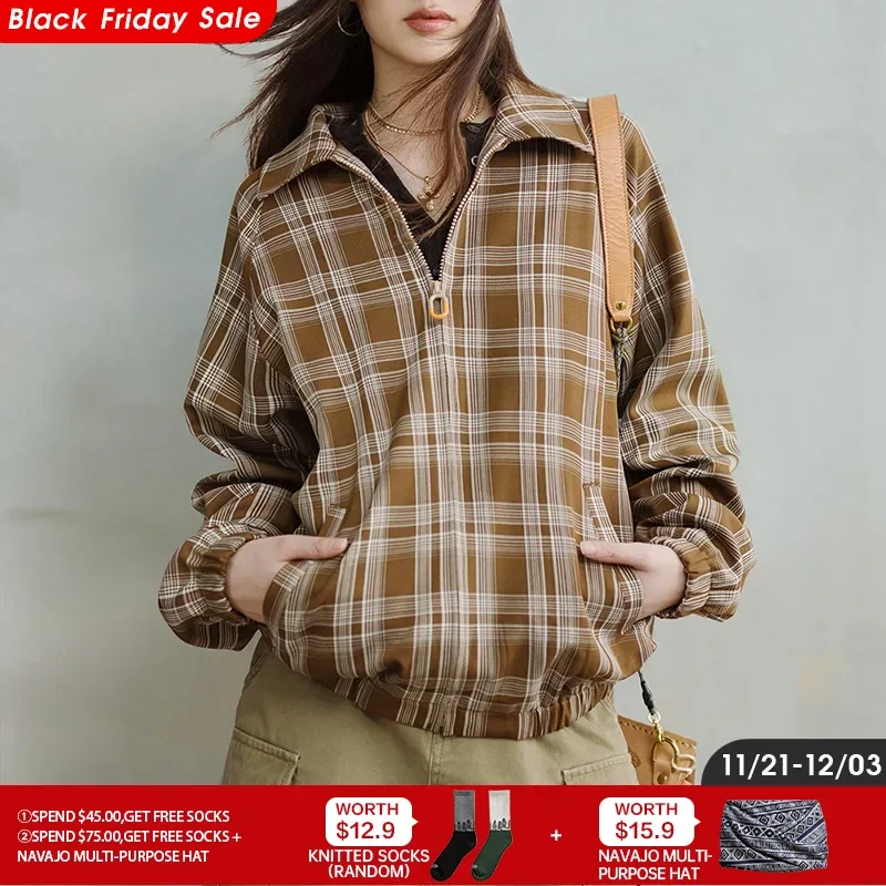 Maden Vintage Plaid Jacket for Women Khaki Turn-down Collar Coat Spring and Autumn Casual Loose Tops Female Leisure Jacket