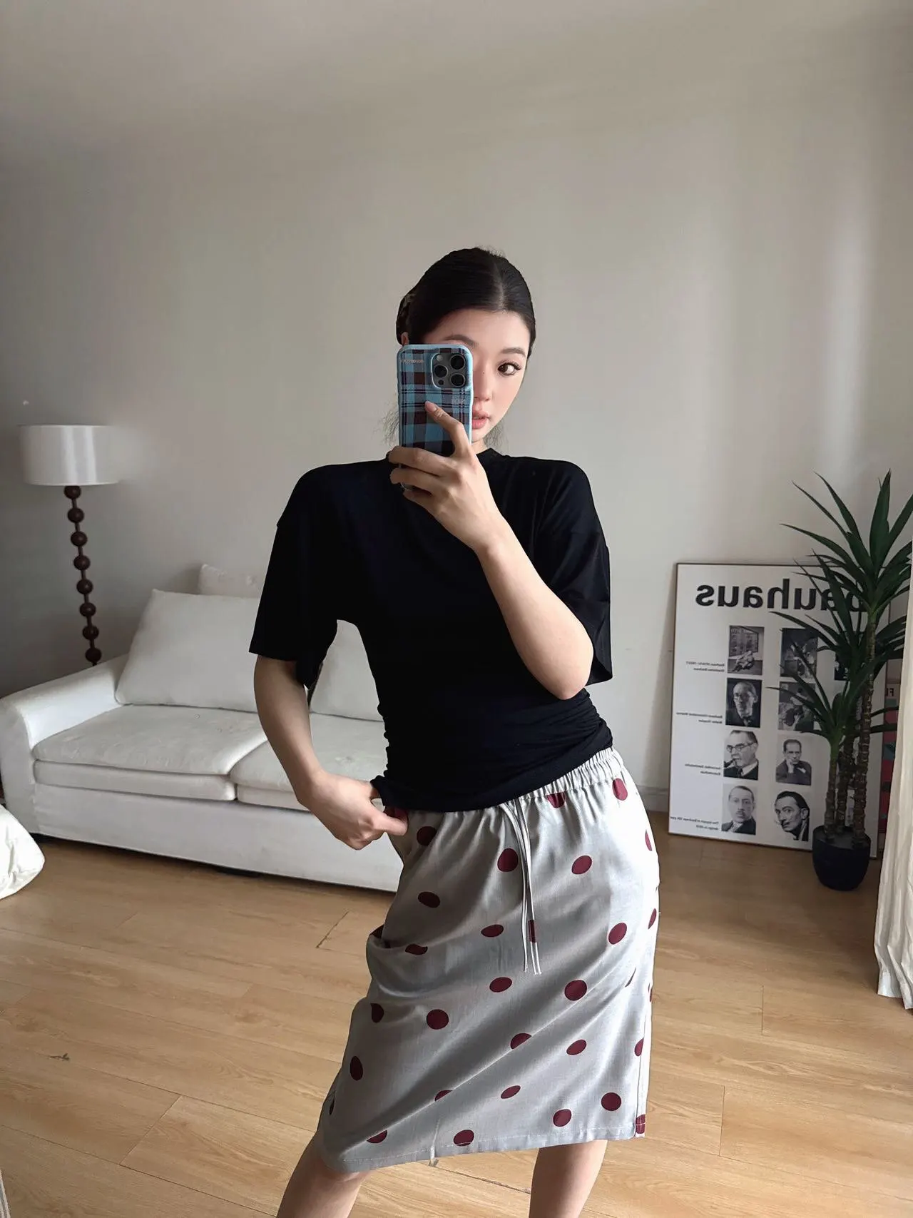 Retro Loose Feel Polka Dot Half Skirt Women's Summer New Style Versatile Drawstring Midi Skirt Casual High Waist Straight Cut