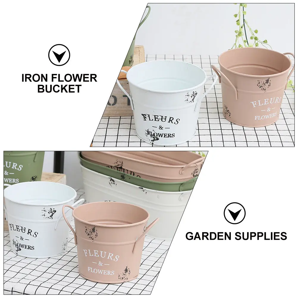 Pink Retro Iron Flower Bucket Decorative Flower Holder for Home Garden Balcony Rustic Planter Garden Decoration