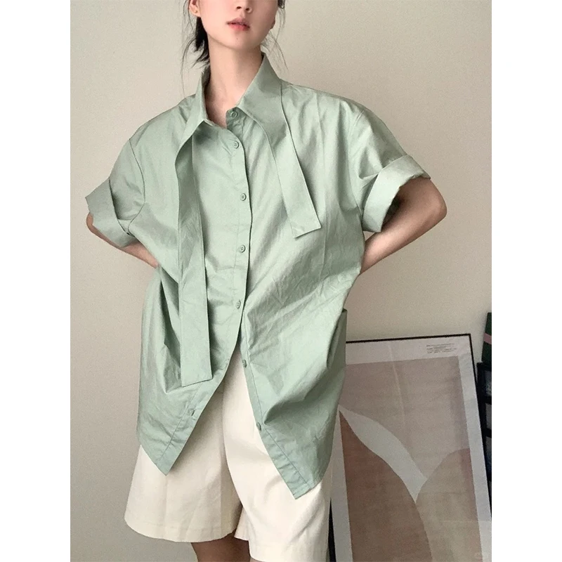 

Women Summer Simplicity Loose Office Lady Solid Color Short Sleeve Thin Shirts Ladies Fashion Temperament All-match Casual Tops